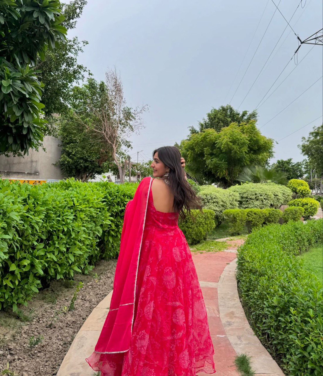 Red Georgette Anarkali Suit with Buttersilk Pant and Digital Printed Cotton Dupatta