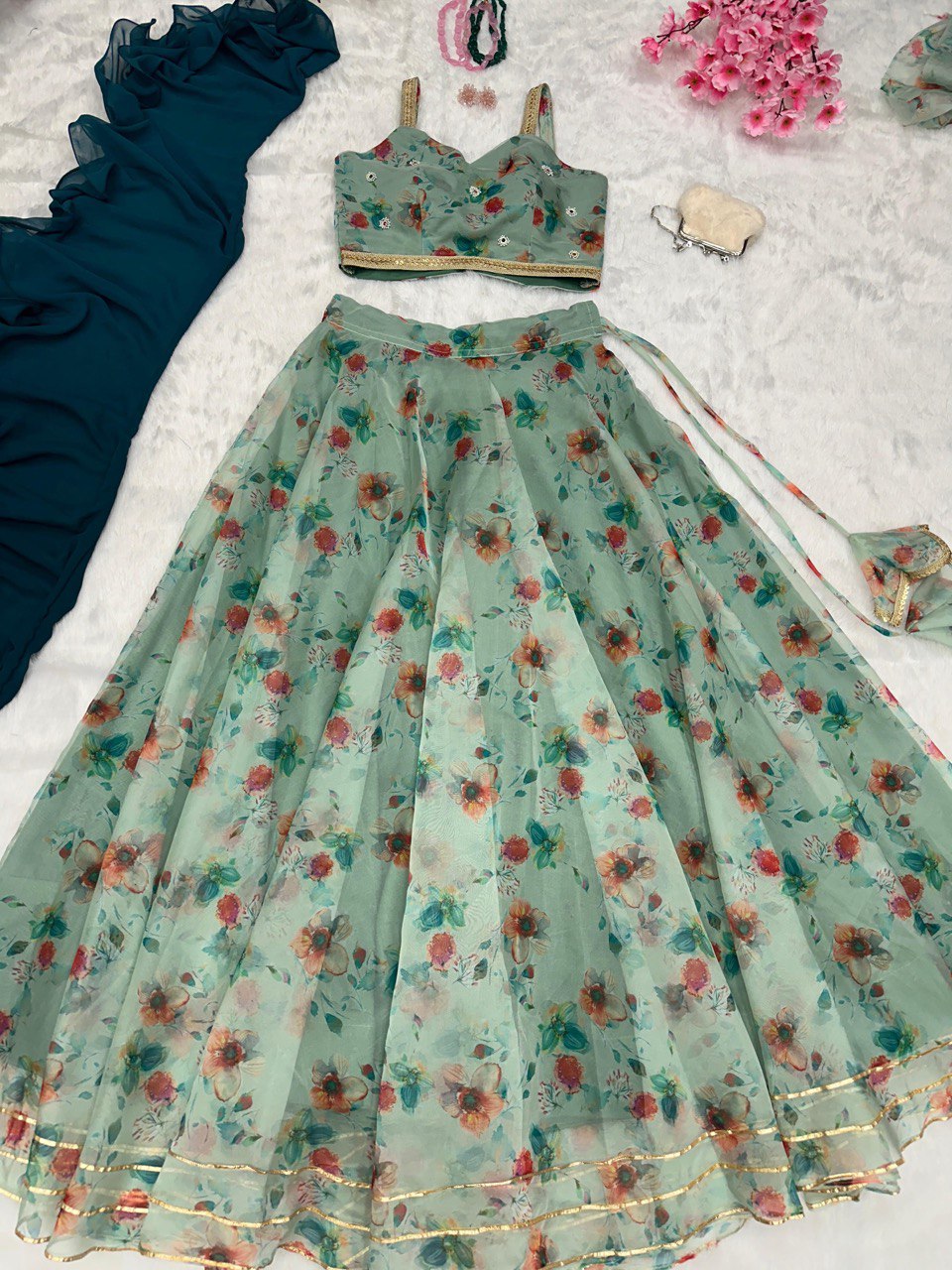 Teal Blue Exclusive Organza Lehenga Design