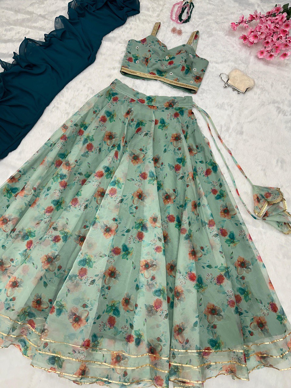 Teal Blue Exclusive Organza Lehenga Design