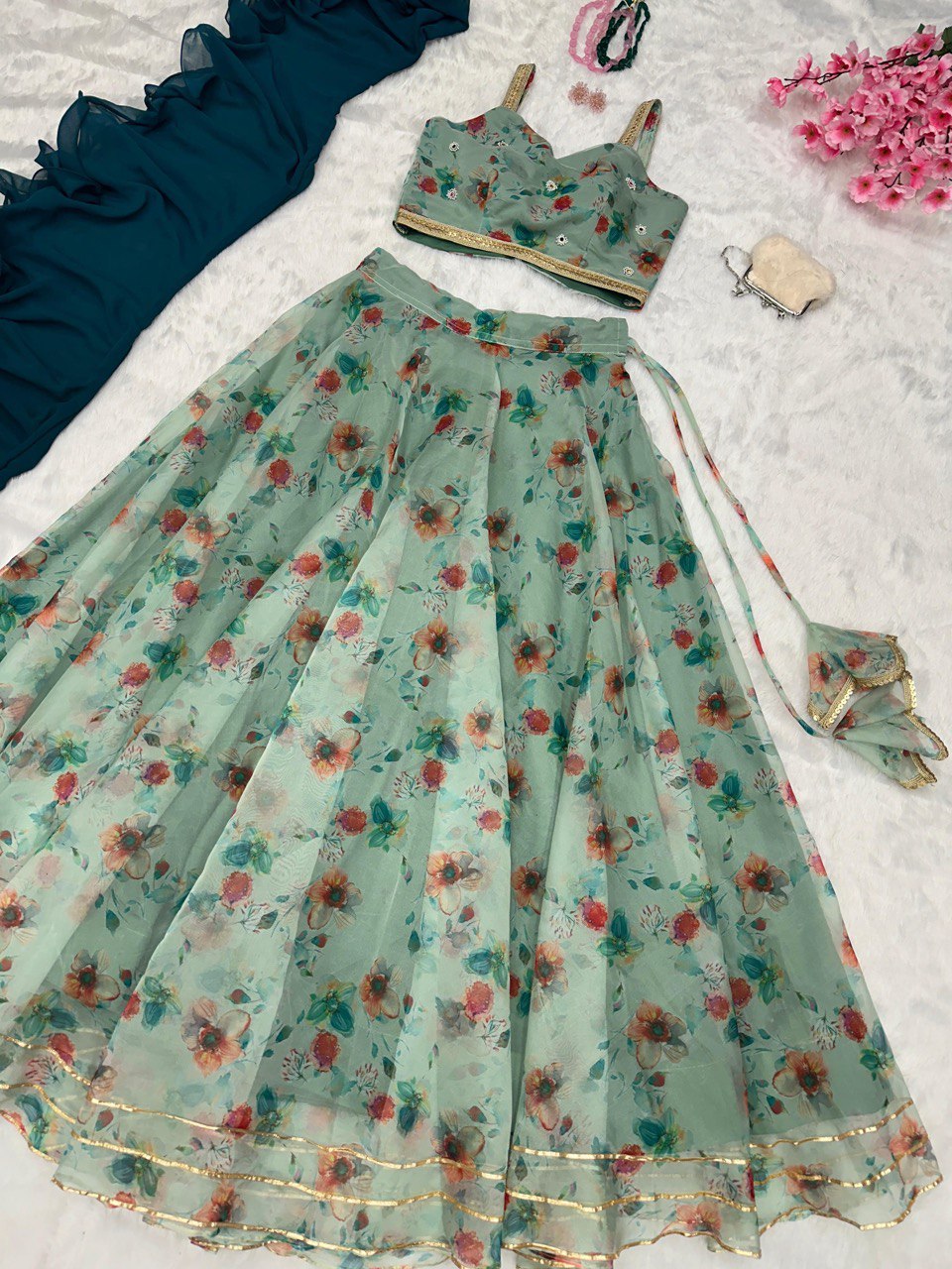 Teal Blue Exclusive Organza Lehenga Design