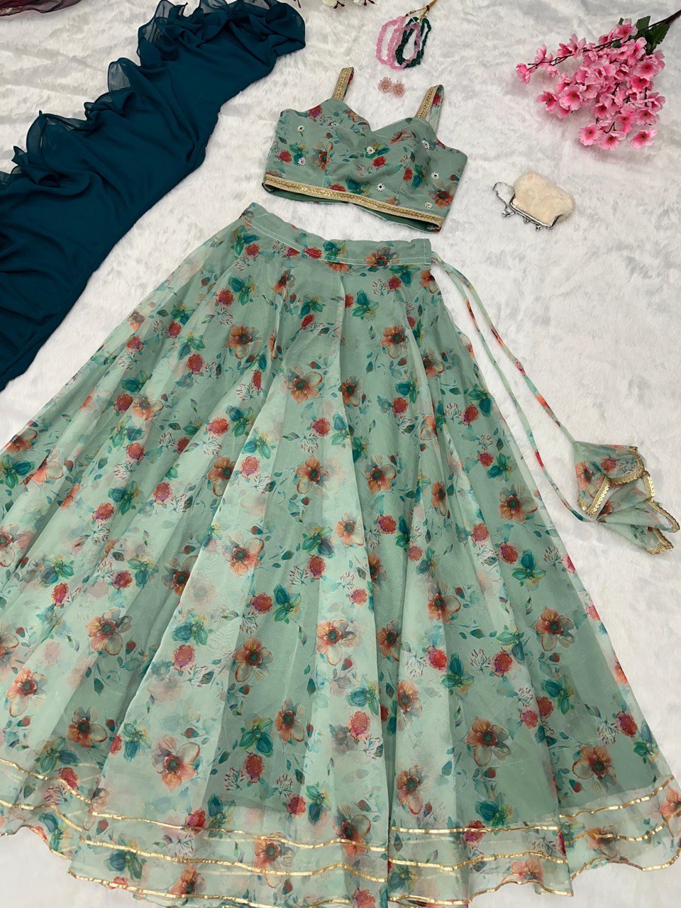 Teal Blue Exclusive Organza Lehenga Design