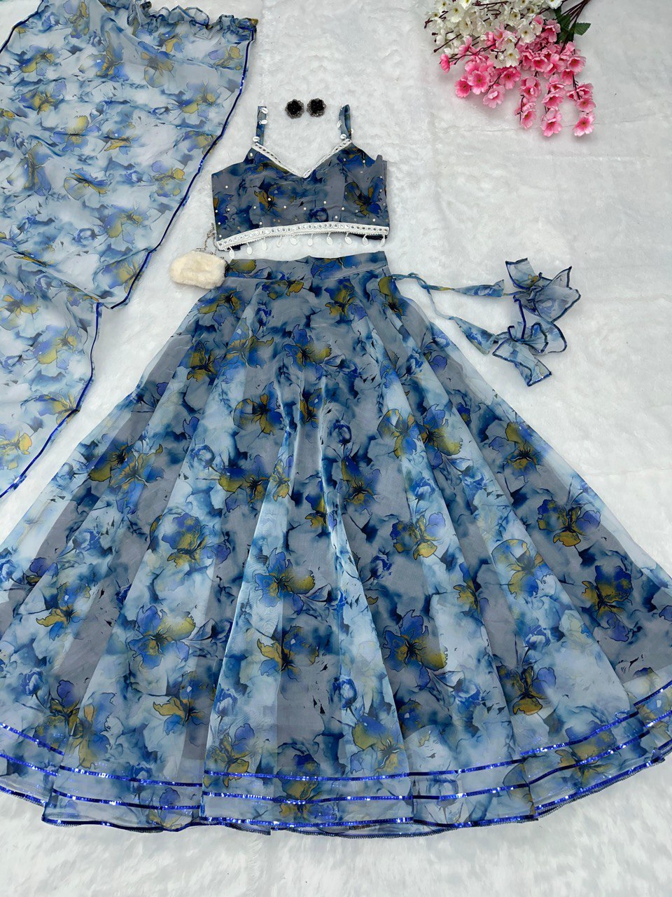Blue Experience Timeless Elegance with Our Exclusive Organza Lehenga Set