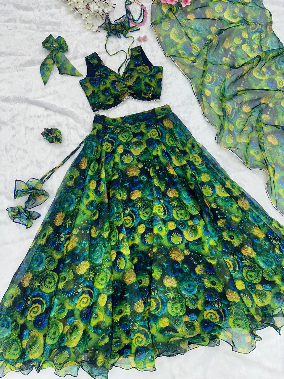Green Exude Elegance with Our Exclusive Organza Lehenga Set