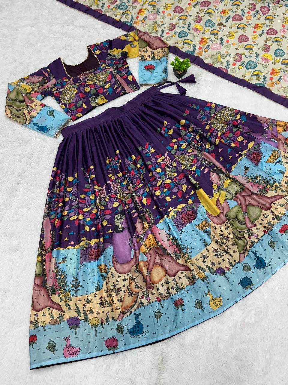 Ethnic kalamkari lehenga with intricate nature inspired patterns