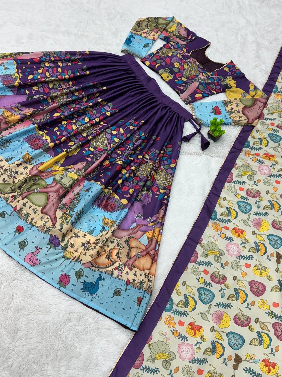 Ethnic kalamkari lehenga with intricate nature inspired patterns