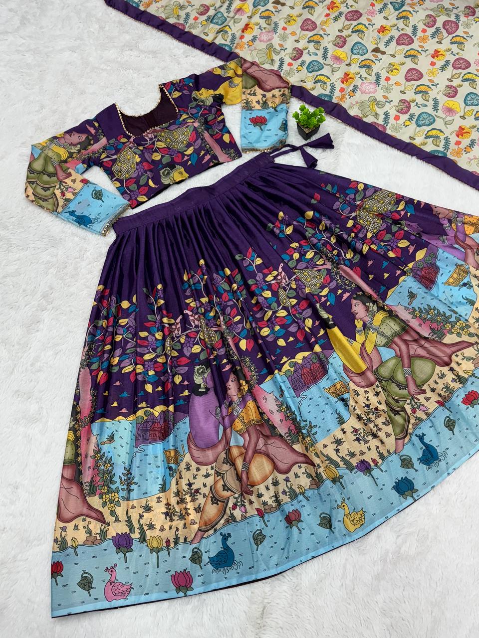 Ethnic kalamkari lehenga with intricate nature inspired patterns