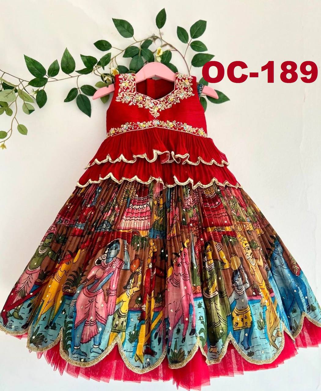 Girls Red Embroidered Sleeveless Top & Multicolour Traditional Print Lehenga