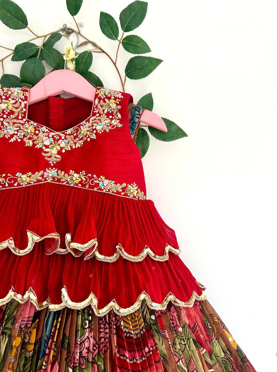 Girls Red Embroidered Sleeveless Top & Multicolour Traditional Print Lehenga
