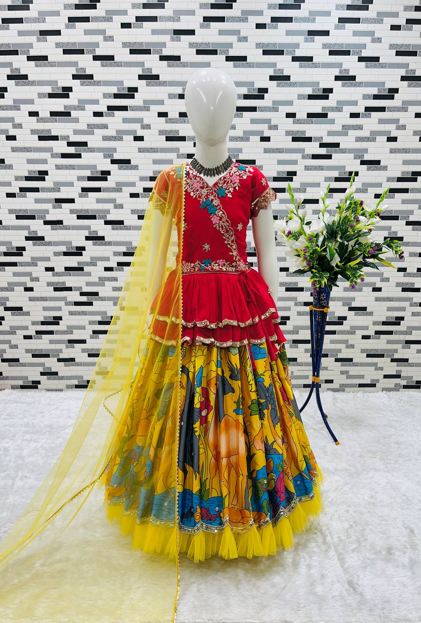 Girls Red Embroidered Top with Yellow Multicolour Artistic Print Lehenga