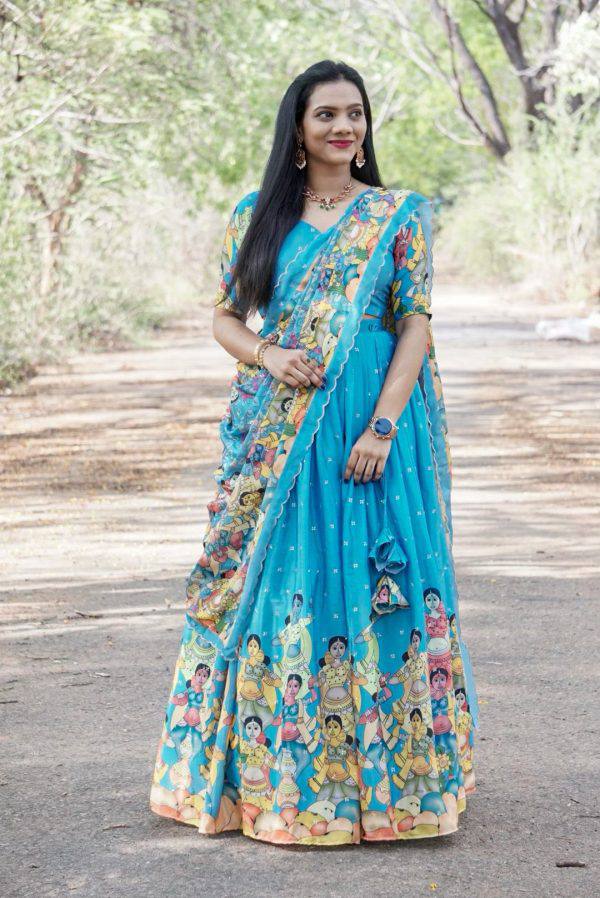 Festive wear sky blue lehenga with unique heritage inspired designs mameraa