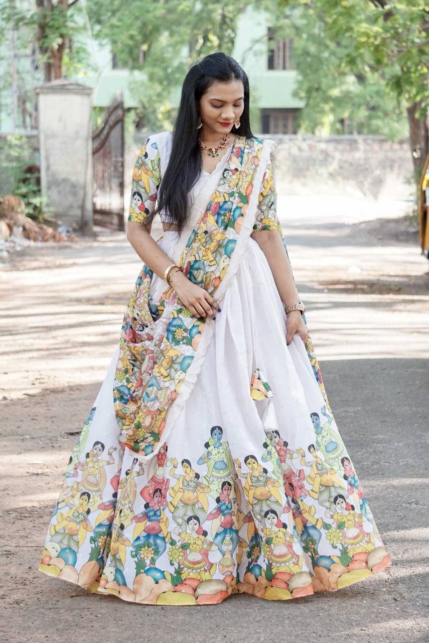 White lehenga with kalamkari art print perfect for festive style mameraa