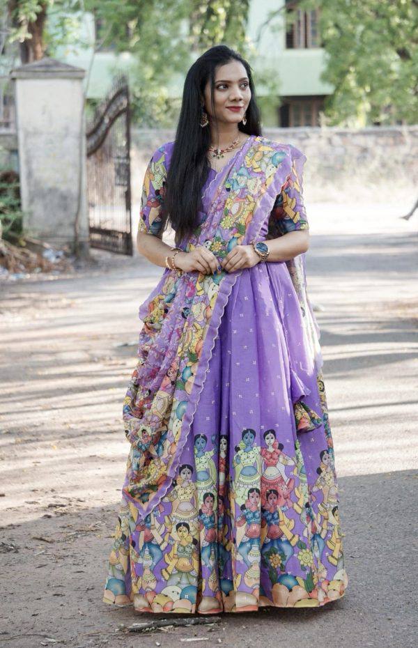 Vibrant traditional lehenga in indian lavender with multi color prints mameraa