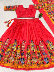 Bold red lehenga with vibrant folk dancer print and matching choli
