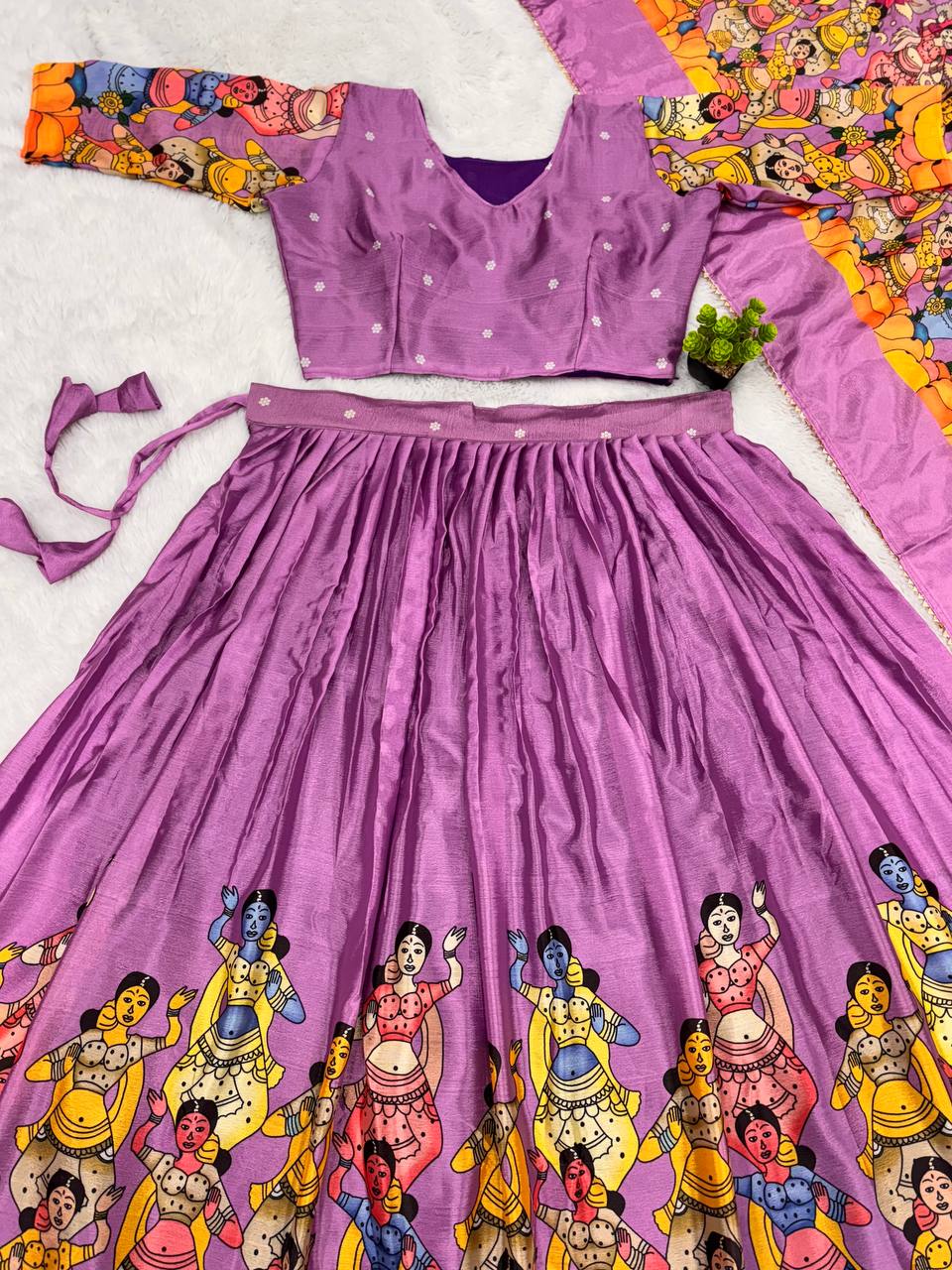 Vibrant traditional lehenga in indian lavender with multi color prints