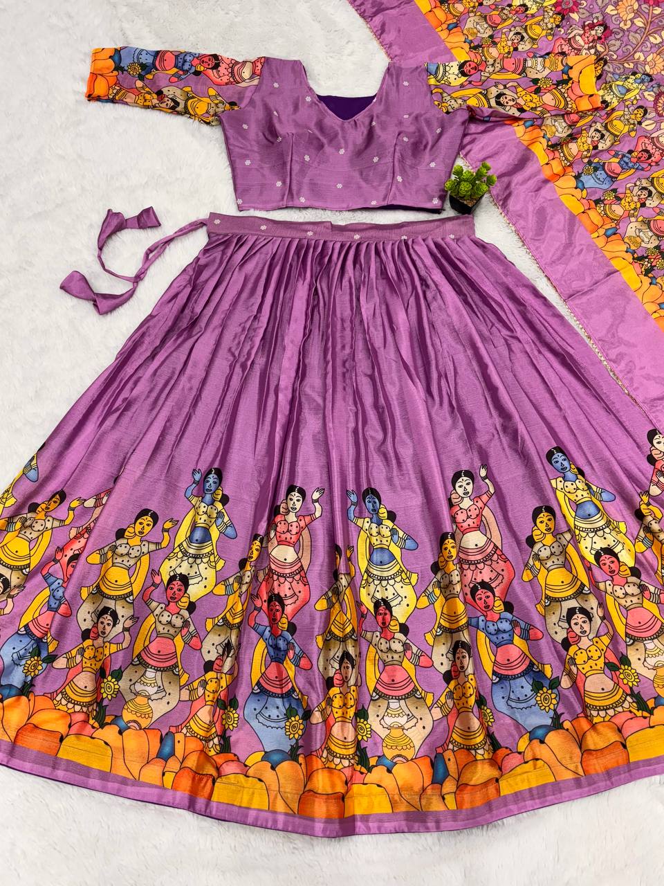 Vibrant traditional lehenga in indian lavender with multi color prints