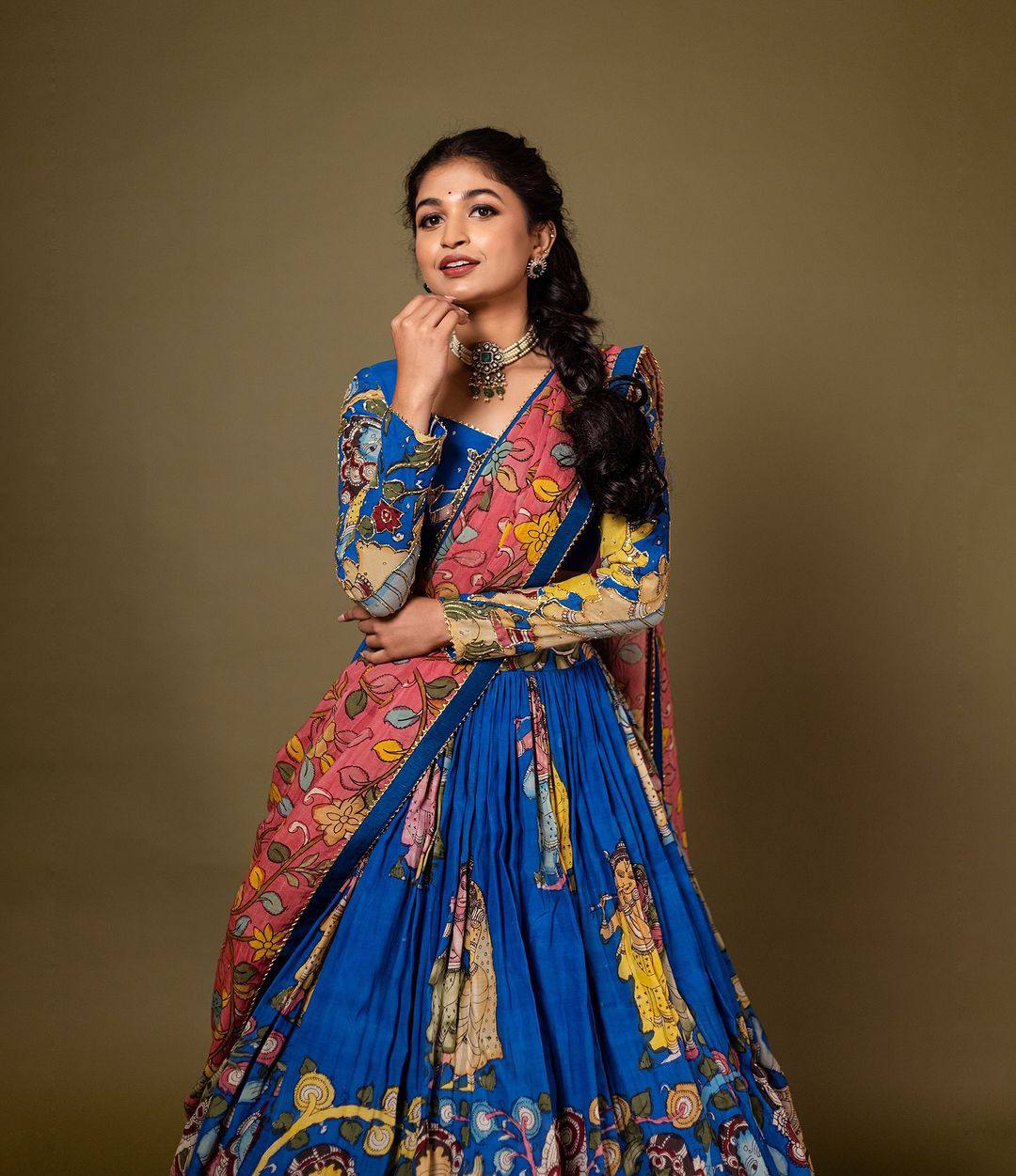 Vibrant kalamkari lehenga choli set with multicolor cultural prints
