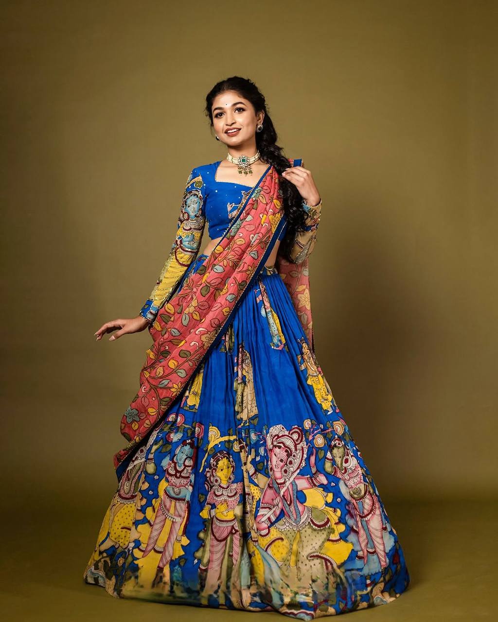 Vibrant kalamkari lehenga choli set with multicolor cultural prints mameraa