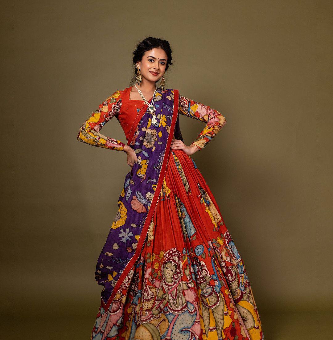 Designer kalamkari lehenga for women featuring heritage folk patterns mameraa