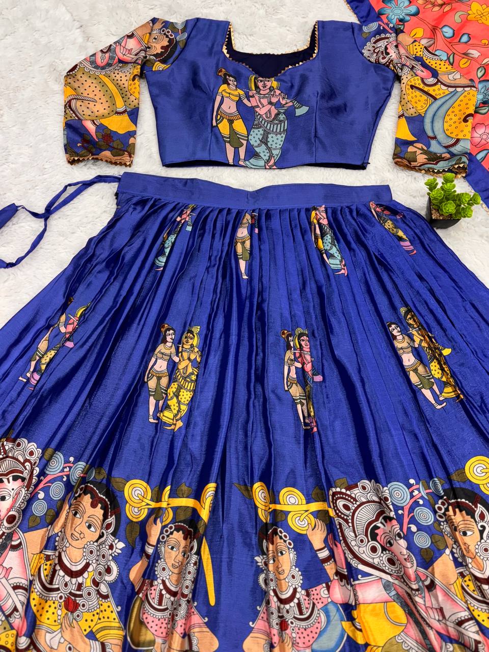 Vibrant kalamkari lehenga choli set with multicolor cultural prints