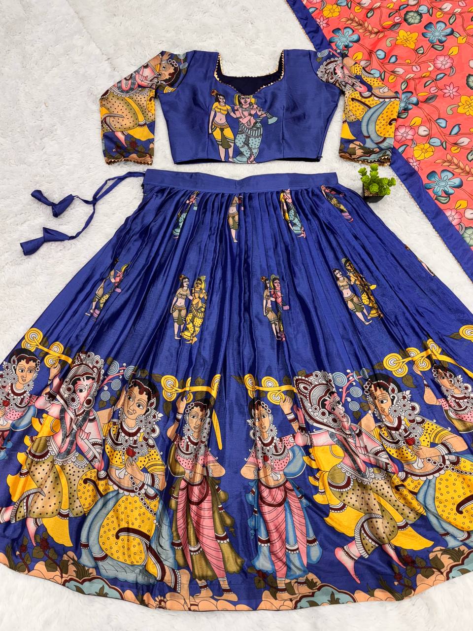 Vibrant kalamkari lehenga choli set with multicolor cultural prints