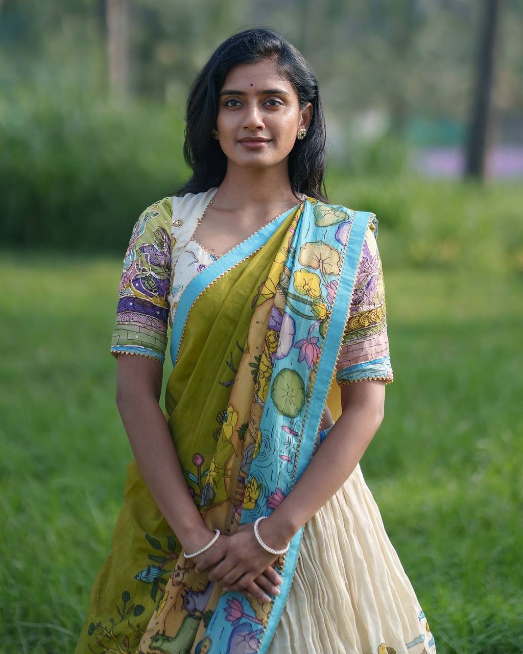 Classic lehenga choli featuring rich handcrafted kalamkari motifs