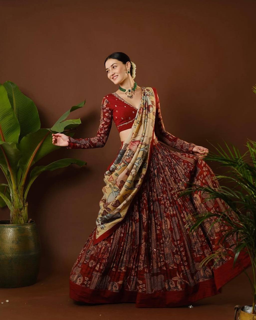 Digital maroon madhubani print lehenga with beige dupatta traditional festive wear for women mameraa
