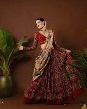 Digital maroon madhubani print lehenga with beige dupatta traditional festive wear for women mameraa