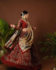 Digital maroon madhubani print lehenga with beige dupatta traditional festive wear for women