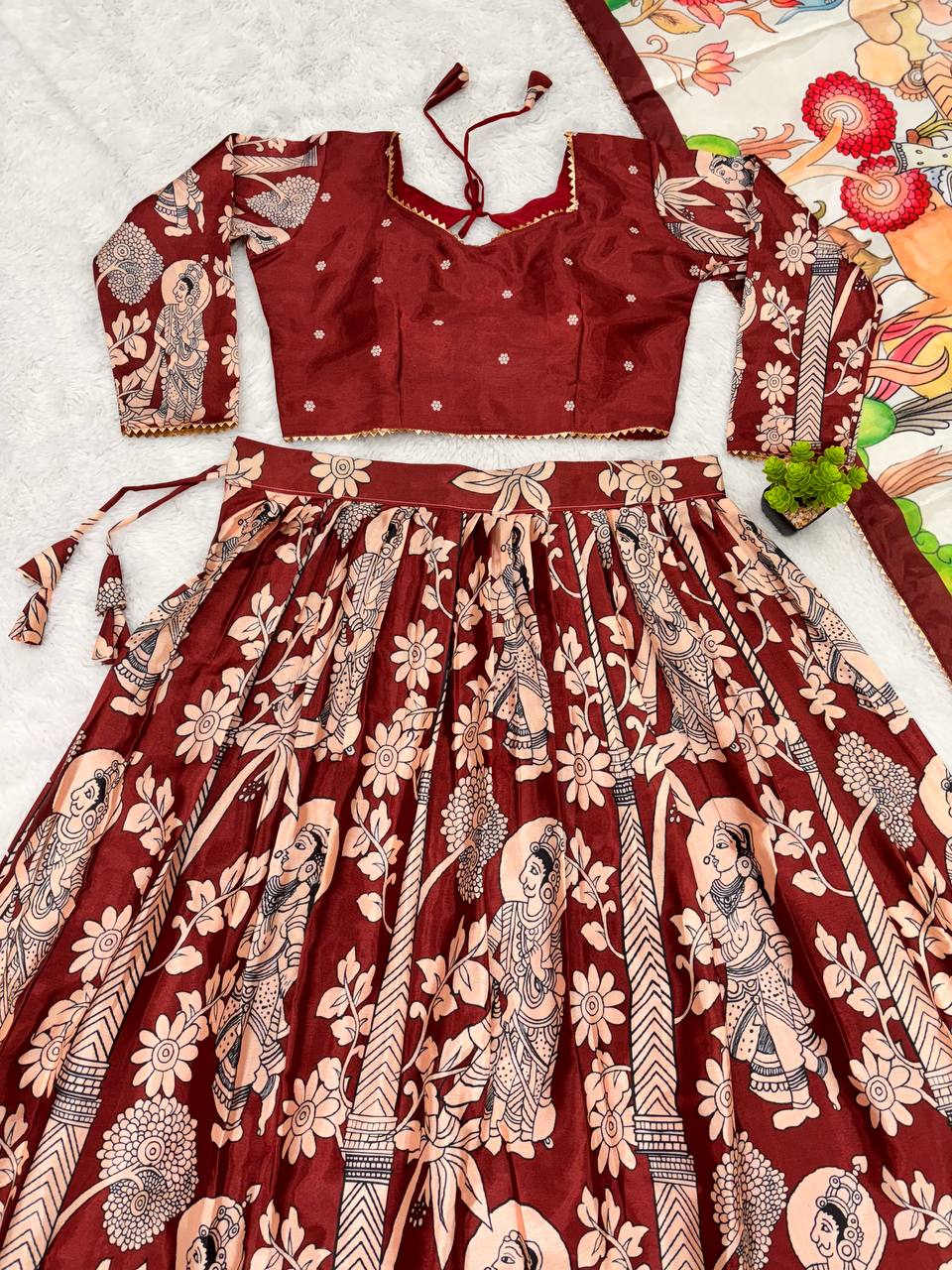 Digital maroon madhubani print lehenga with beige dupatta traditional festive wear for women