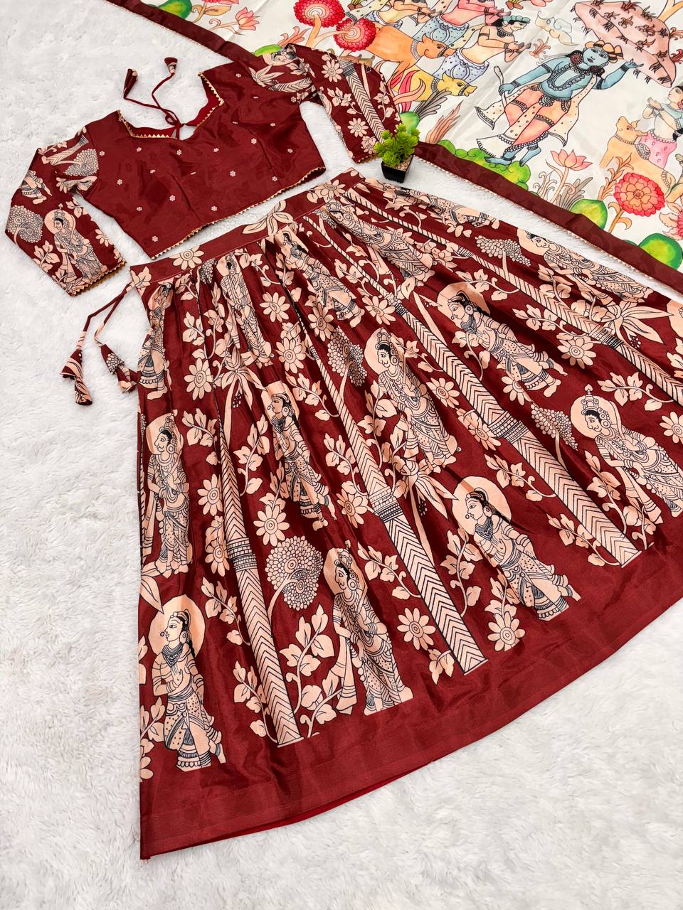 Digital maroon madhubani print lehenga with beige dupatta traditional festive wear for women