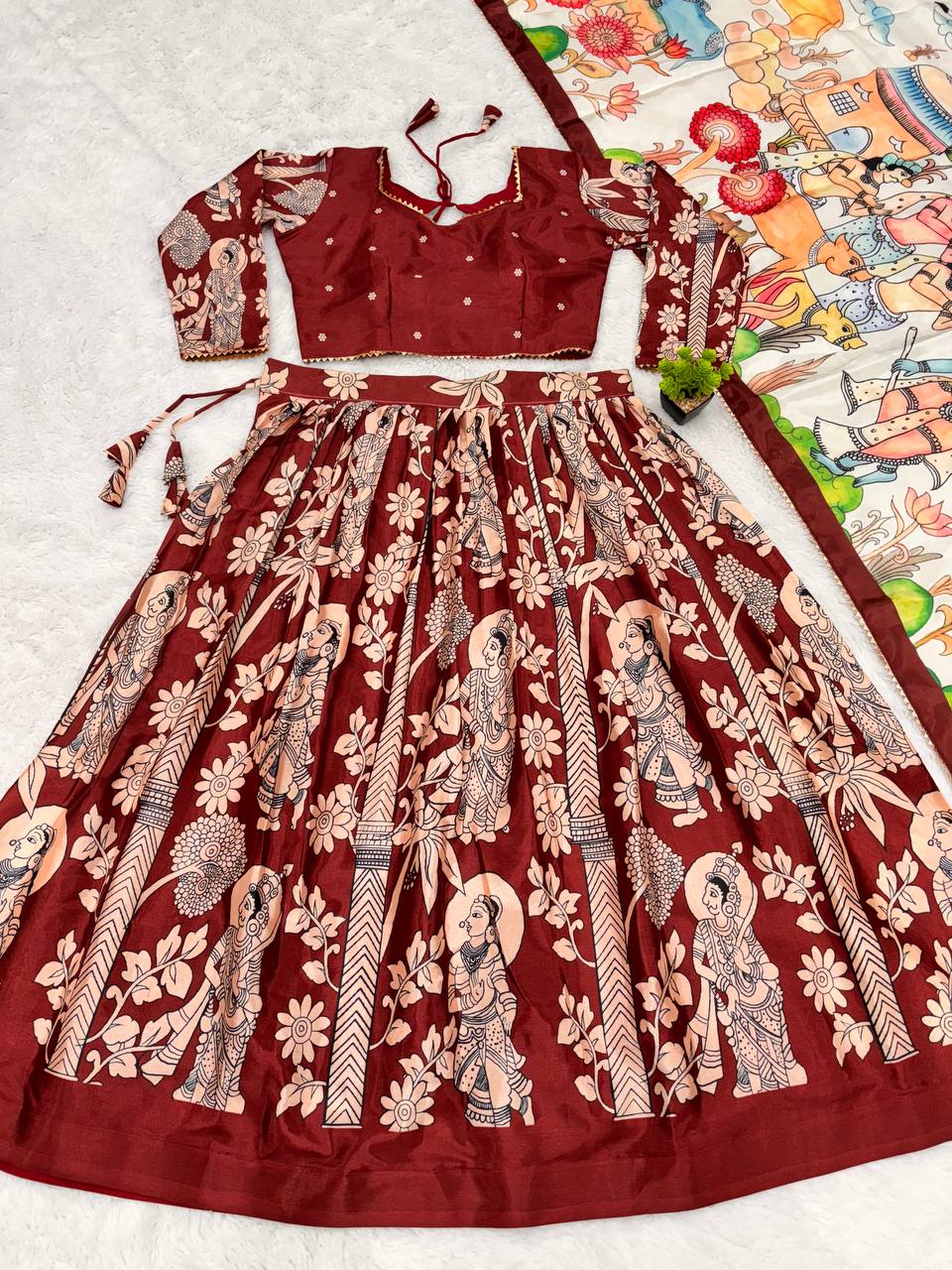 Digital maroon madhubani print lehenga with beige dupatta traditional festive wear for women