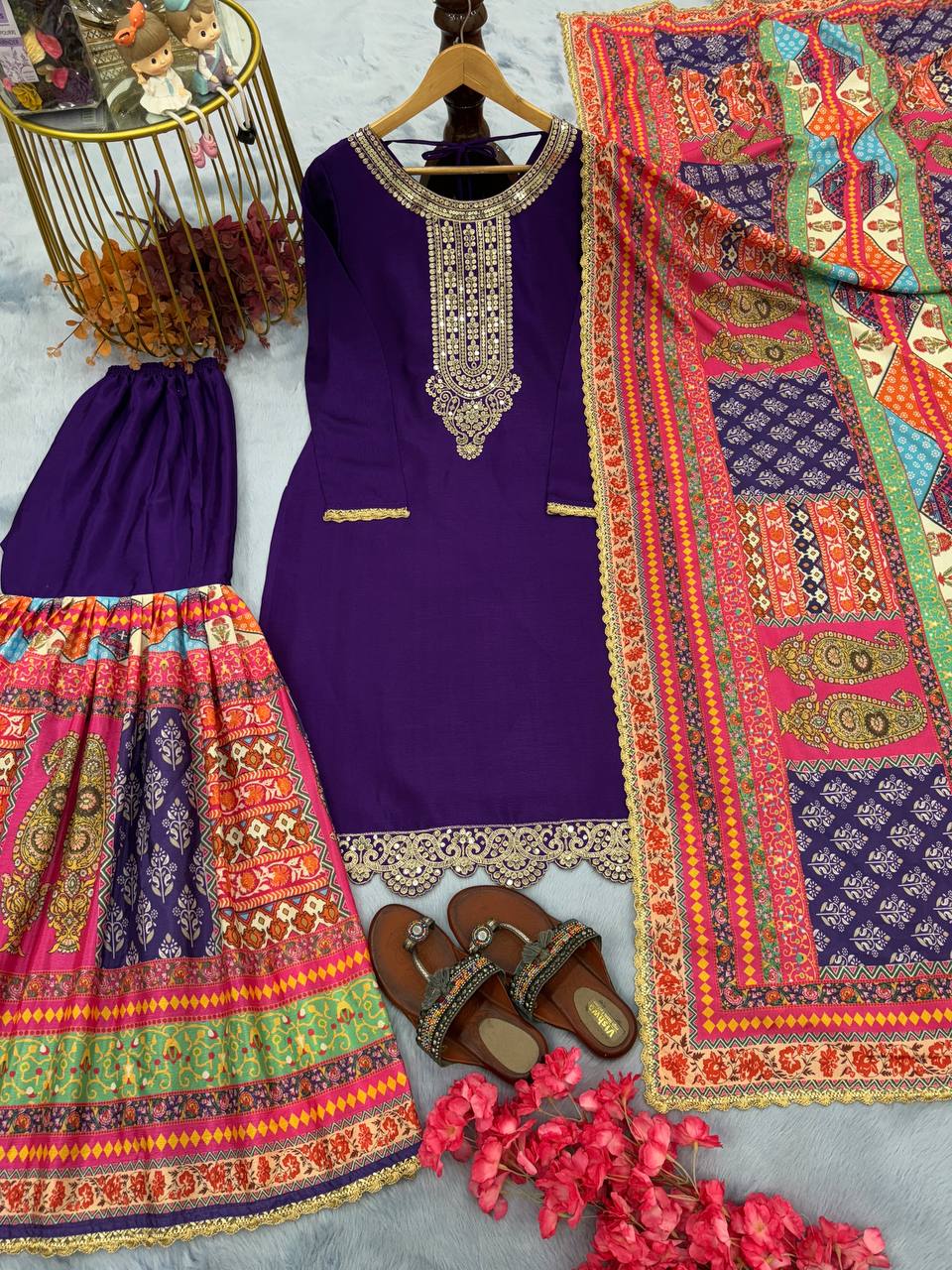 Purple Premium Designer Readymade Top, Palazzo Set - Party Wear Collection