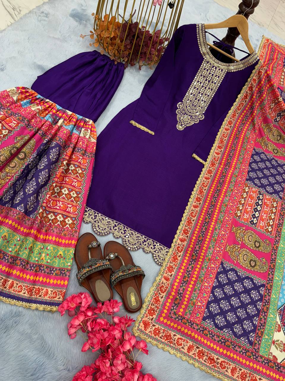 Purple Premium Designer Readymade Top, Palazzo Set - Party Wear Collection