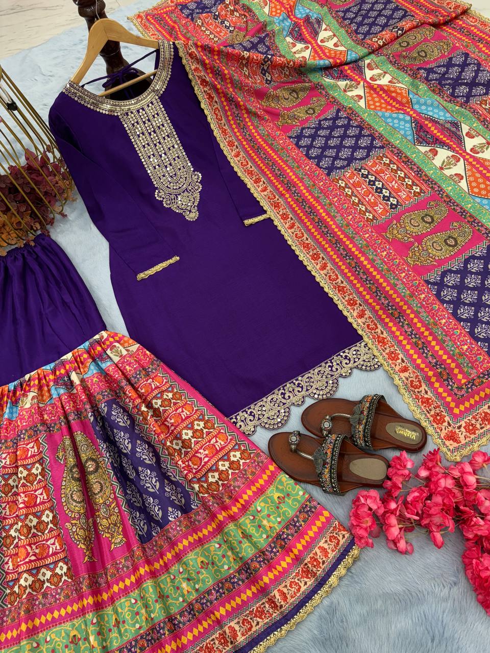 Purple Premium Designer Readymade Top, Palazzo Set - Party Wear Collection