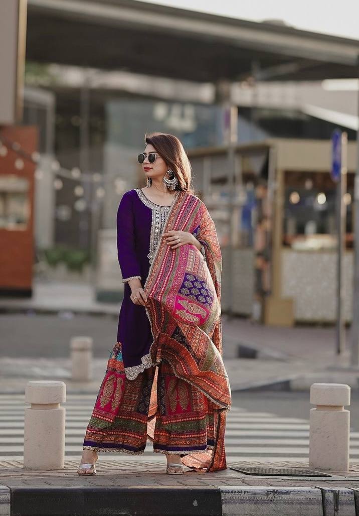 Purple Premium Designer Readymade Top, Palazzo Set - Party Wear Collection