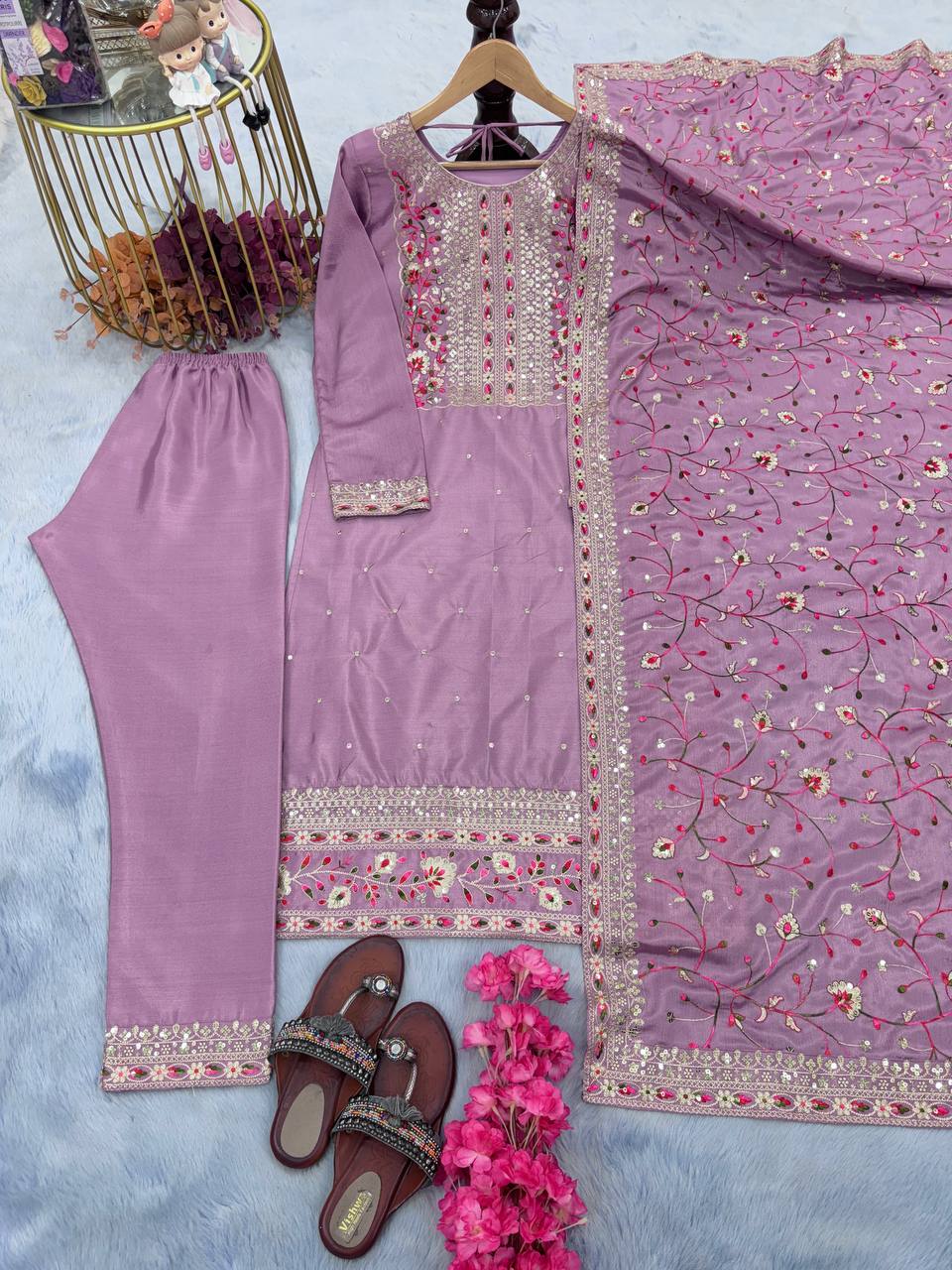 Dusty Purple Premium Designer Readymade Suit Set Heavy Chinon Silk