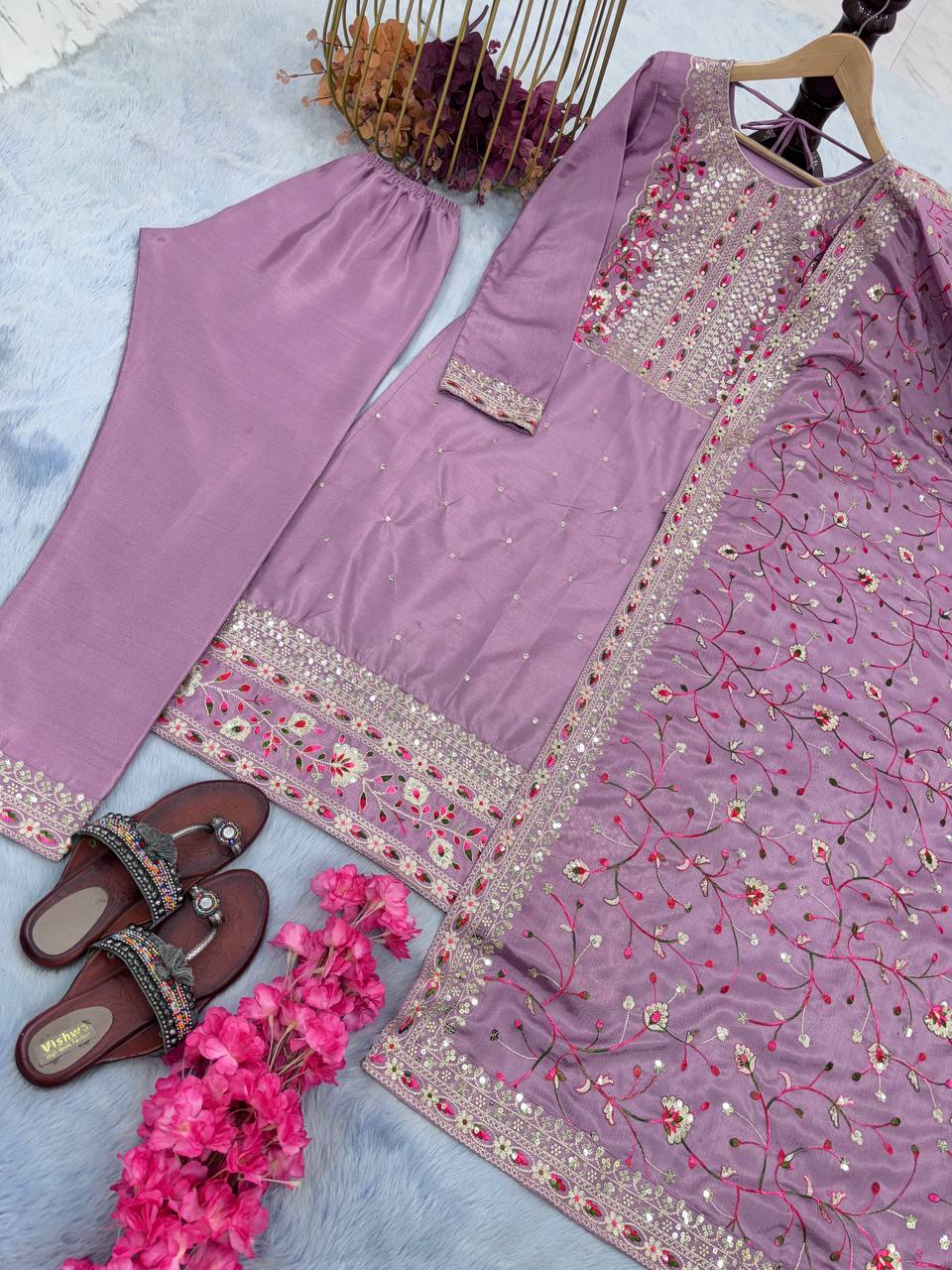 Dusty Purple Premium Designer Readymade Suit Set Heavy Chinon Silk
