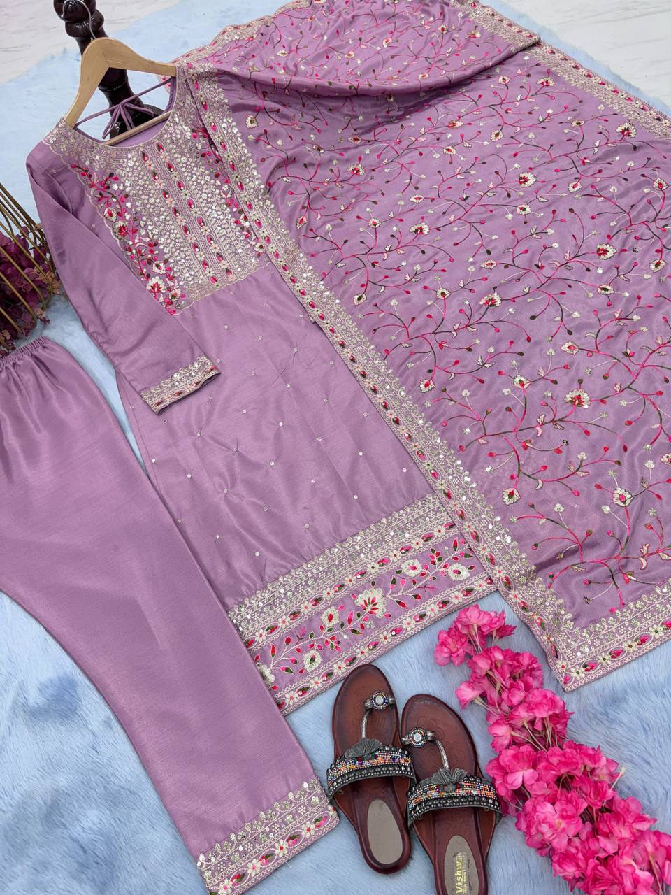 Dusty Purple Premium Designer Readymade Suit Set Heavy Chinon Silk