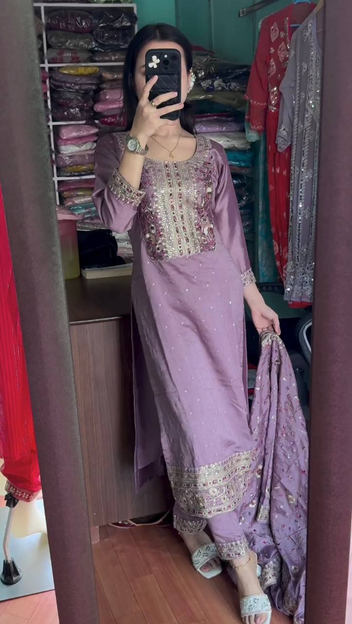 Dusty Purple Premium Designer Readymade Suit Set Heavy Chinon Silk