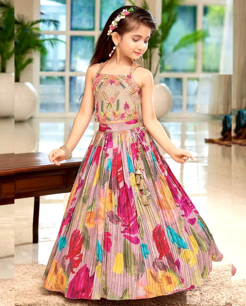 Premium Floral Pleated Lehenga Set for Girls
