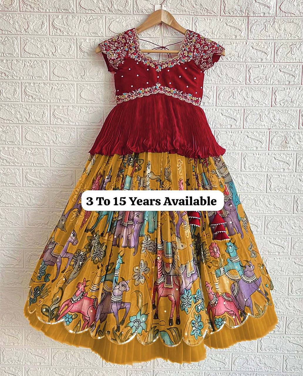 Designer Maroon Embroidered Top with Mustard Pleated Printed Lehenga for Girls