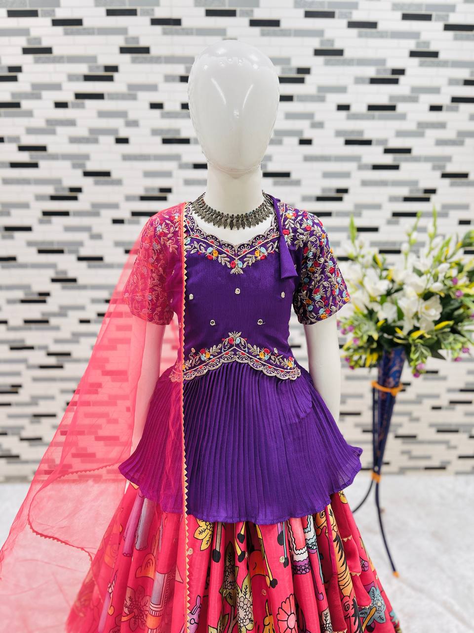 Designer Purple Embroidered Peplum Top with Pink Printed Pleated Lehenga for Girls