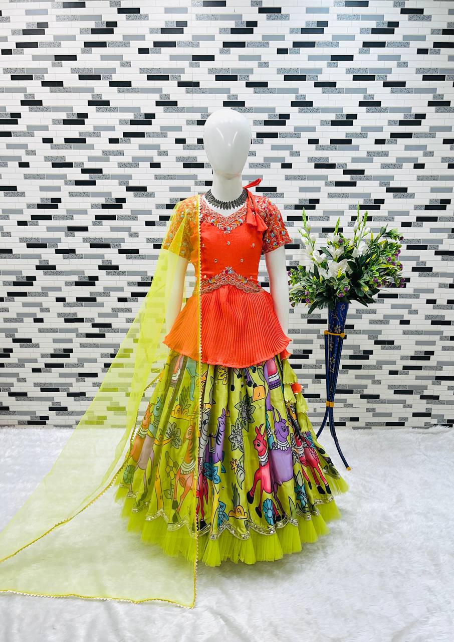 Girls Traditional Embroidered Lehenga Choli – Bright Orange Top & Printed Multicolor Skirt (Ages 3–15)