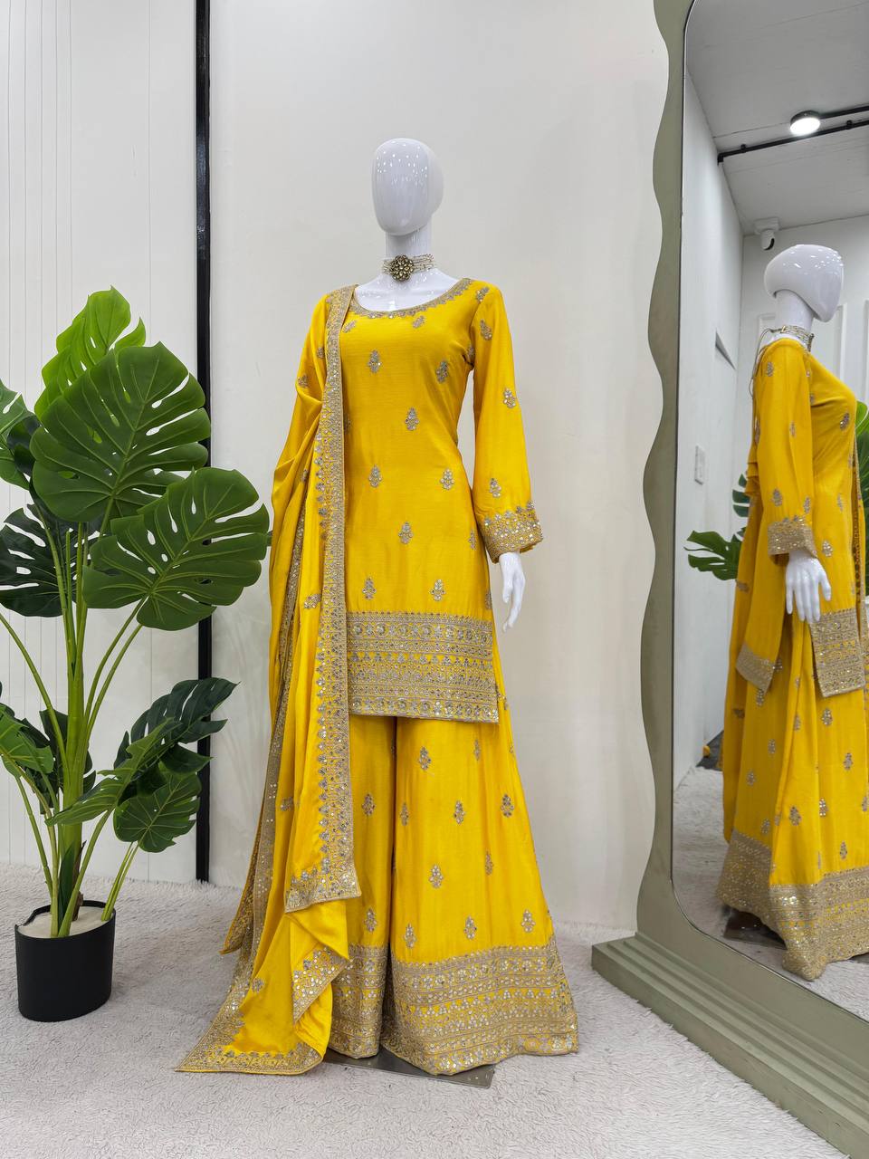 Yellow Elegant Chinon Silk Ensemble – Top, Plazo & Dupatta