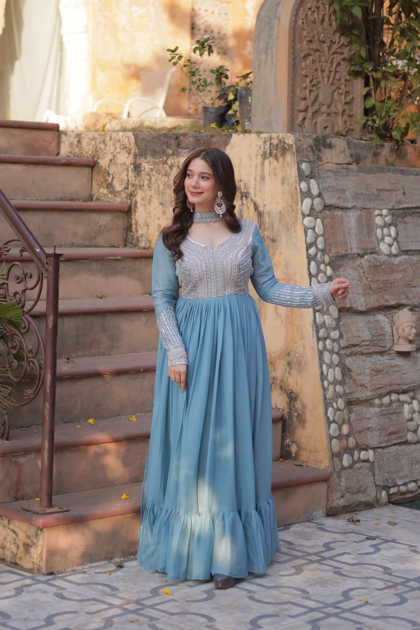 Sky Blue Premium Designer Readymade Gown with Dupatta