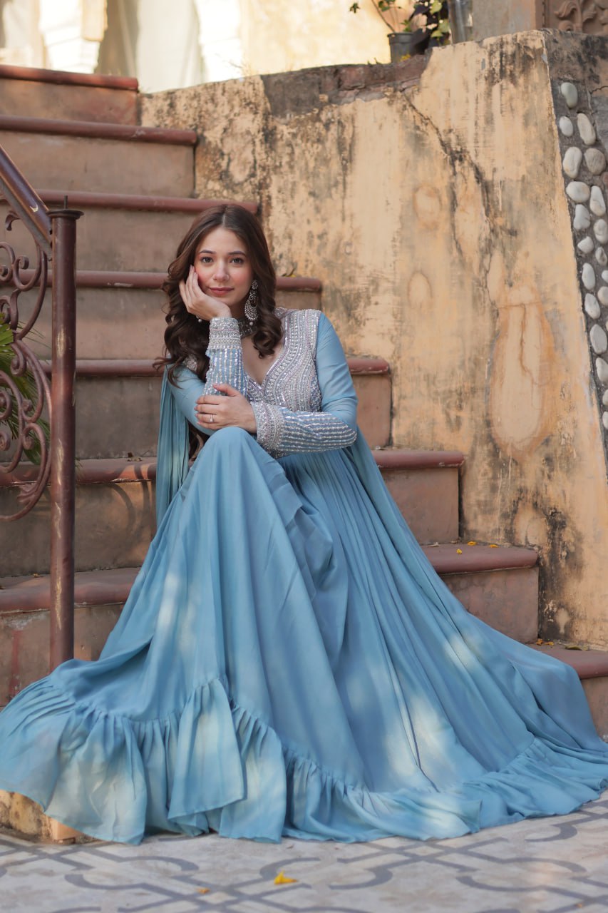 Sky Blue Premium Designer Readymade Gown with Dupatta