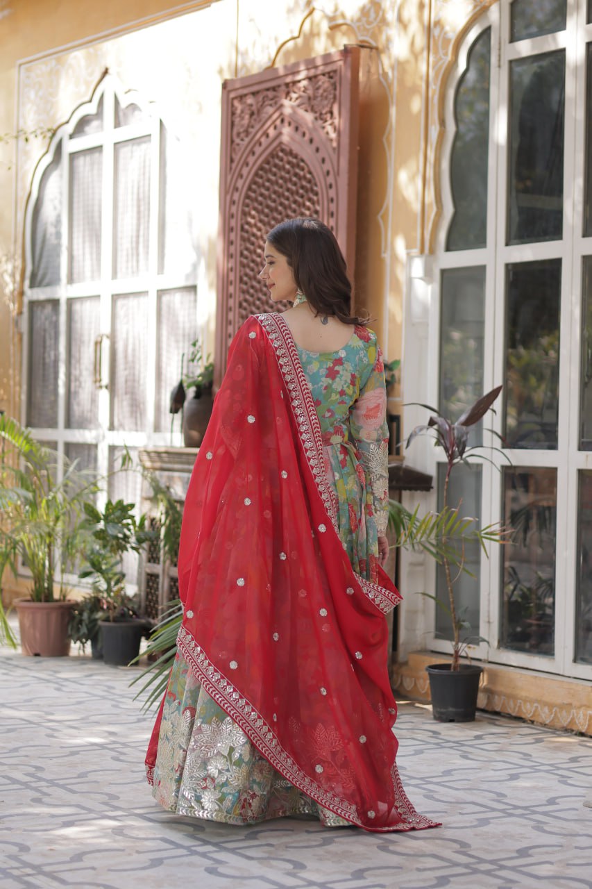 Multi Colour Designer Russian Silk Foil Embroidered Top with Sequined Dupatta Elegant Ethnic Ensemble