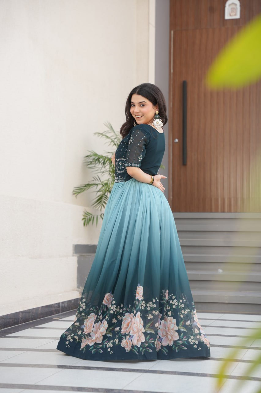 Blue Designer Faux Blooming Gown with Bead Embroidery & Digital Floral Print