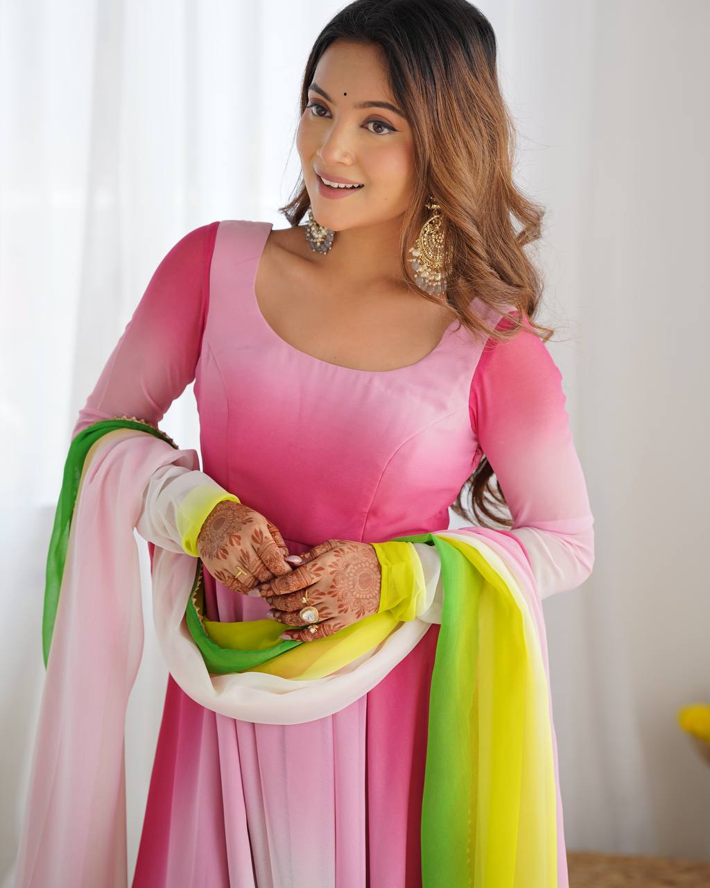 Multi pink color georgette three piece anarkali suit