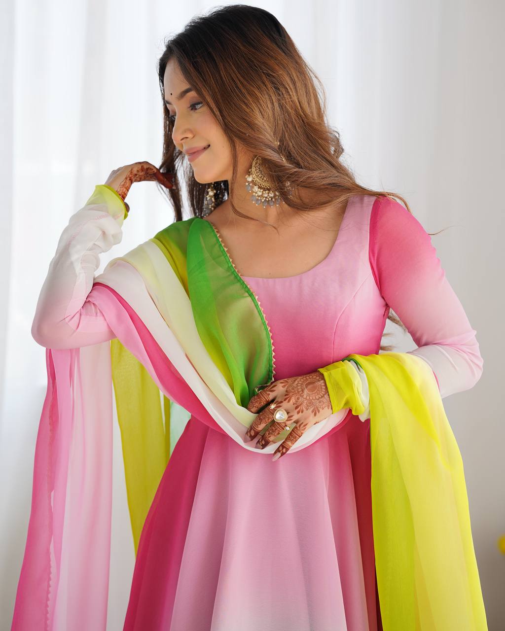 Multi pink color georgette three piece anarkali suit